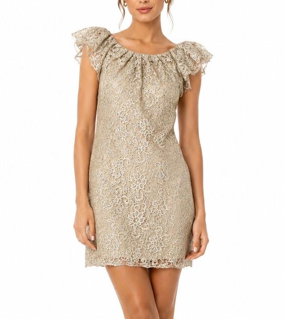 Free People Dresses & Skirts - Free People Beige Silver Metallic Lace Mini Shift Dress Sleeves Size Small